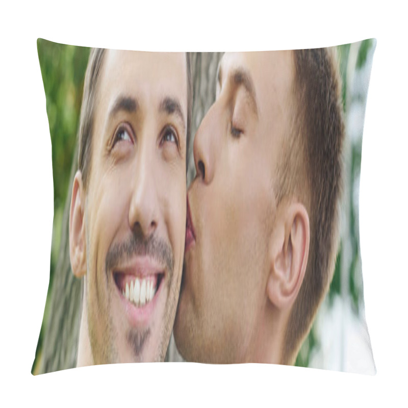 Personality  Two Joyful Men Share An Affectionate Kiss Surrounded By Vibrant Nature, Radiating Happiness. Pillow Covers