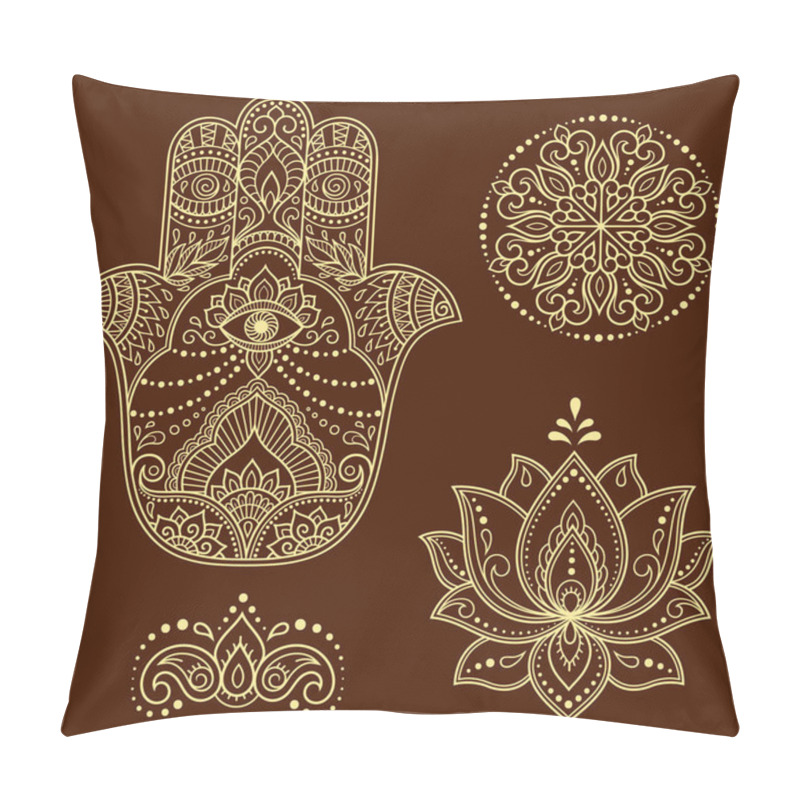 Personality  Set Of Hamsa Hand Drawn Symbol, Lotus Flower And Mandala. Decorative Pattern In Oriental Style For Interior Decoration And Henna Drawings. The Ancient Sign Of 