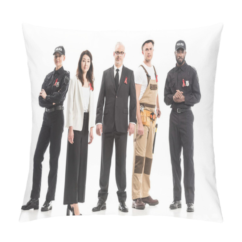 Personality  Group Of Successful People With Various Professions And Aids Awareness Red Ribbons Isolated On White Pillow Covers