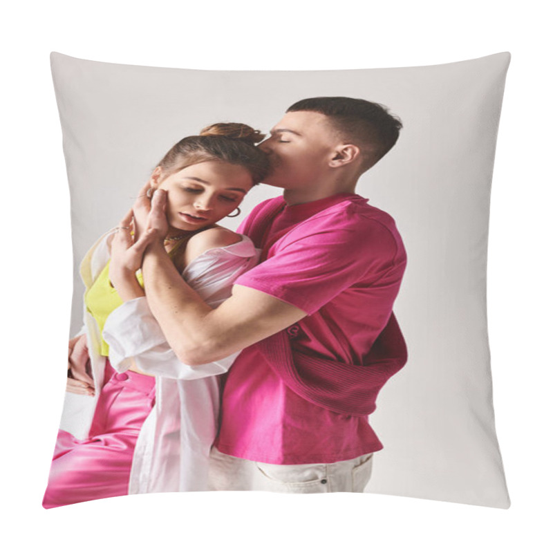 Personality  A Stylish Young Couple In Love Embraces Each Other In A Studio Setting Against A Grey Background. Pillow Covers