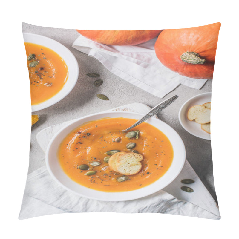 Personality  Flat Lay With Corn Cobs, Pumpkins, Rusks And Plates With Pumpkin Cream Soup On Table  Pillow Covers