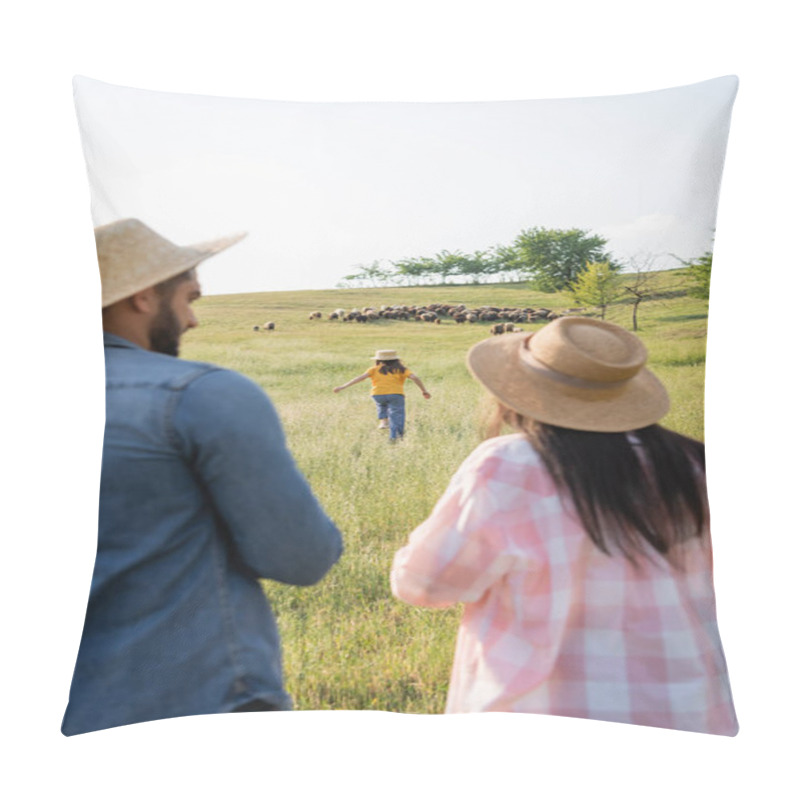 Personality  Back View Of Blurred Farmers In Straw Hats Looking At Daughter Running Towards Grazing Herd Pillow Covers