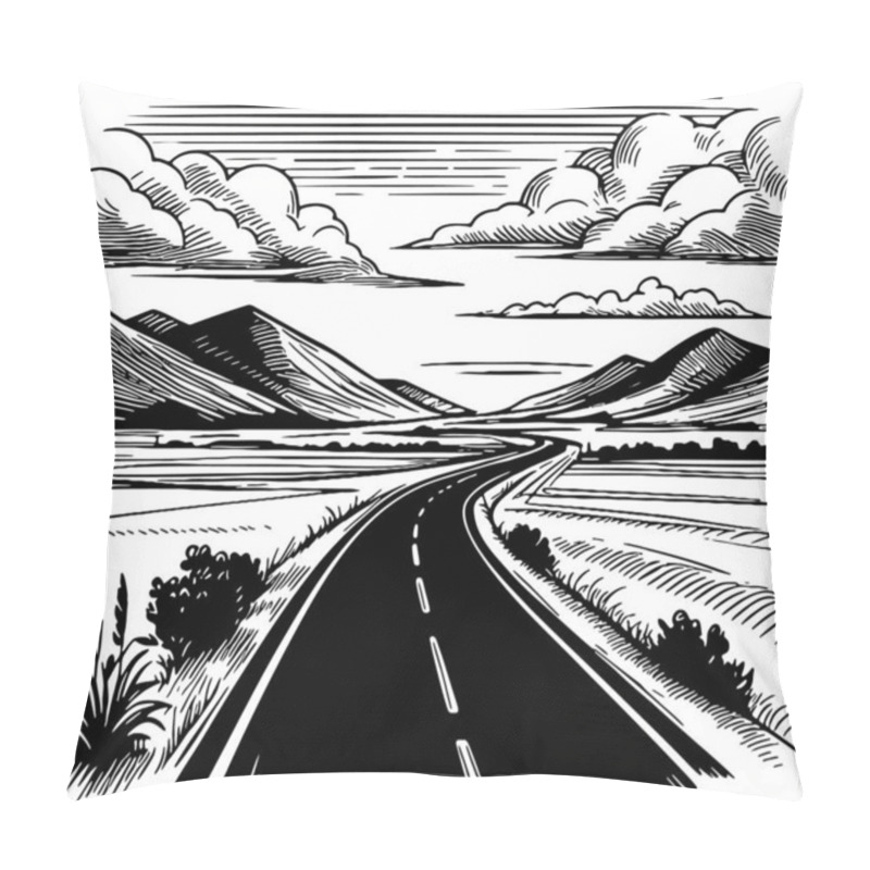 Personality  Curved Mountain Highway Through Valley Hand Drawn Line Art Illustration Pillow Covers