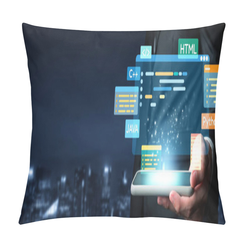 Personality  Software Developer Or Programmer Work With Coding Digital Overlays Of Various Programming Languages Like HTML, Python, Java, And C EIDE For New Application Mobile Phone Development Pillow Covers