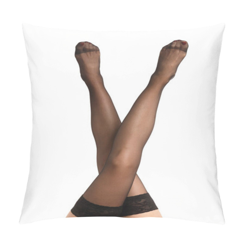 Personality  Slender Female Legs In Black Stockings Are Raised Up On A White Background. Close-up Of A Girl's Graceful Legs Pointing Up Beautifully On White Isolated. Pillow Covers