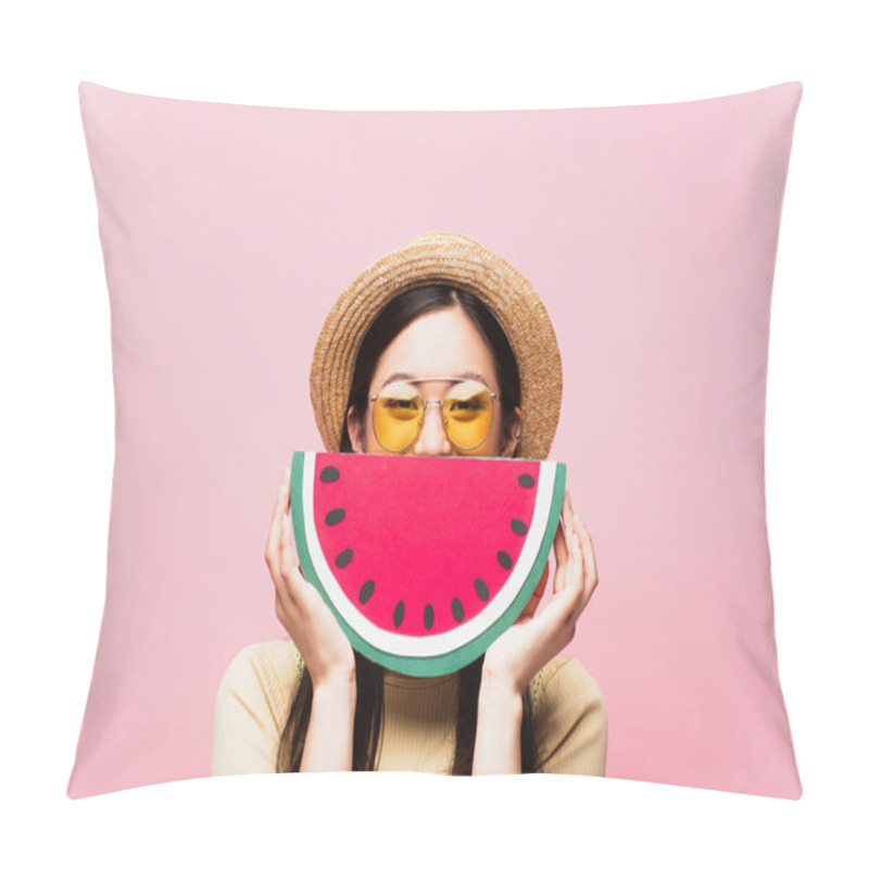 Personality  Asian Girl In Sunglasses And Straw Hat Covering Face With Paper Watermelon Isolated On Pink  Pillow Covers