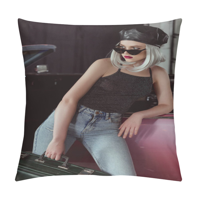 Personality  Fashionable Blonde Girl In Beret And Sunglasses Leaning At Car And Holding Vintage Suitcase Pillow Covers