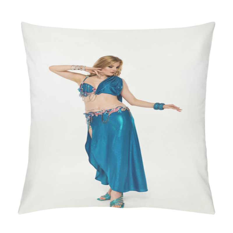 Personality  A Graceful Woman In A Mesmerizing Blue Costume Showcases Her Belly Dance Skills. Pillow Covers