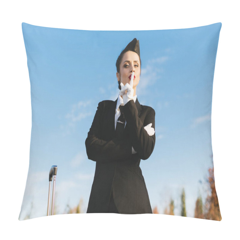 Personality  Woman Stewardess In Uniform Against The Blue Sky Pillow Covers