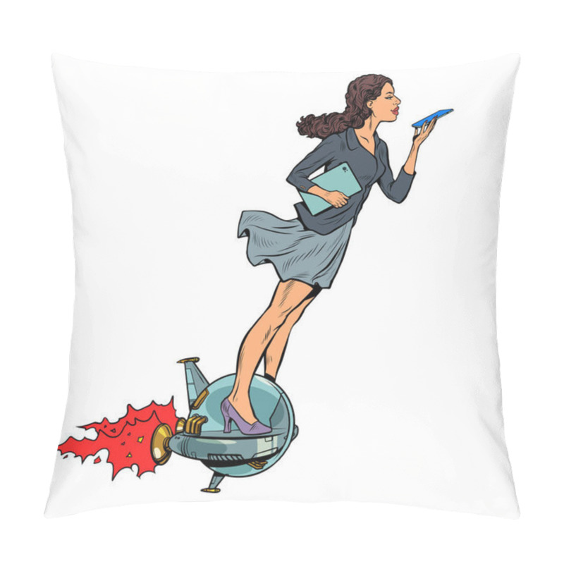 Personality  A Futuristic Businesswoman Rides An Electric Jet Unicycle, A Woman Communicates On A Smartphone. Isolate On A White Background Pillow Covers