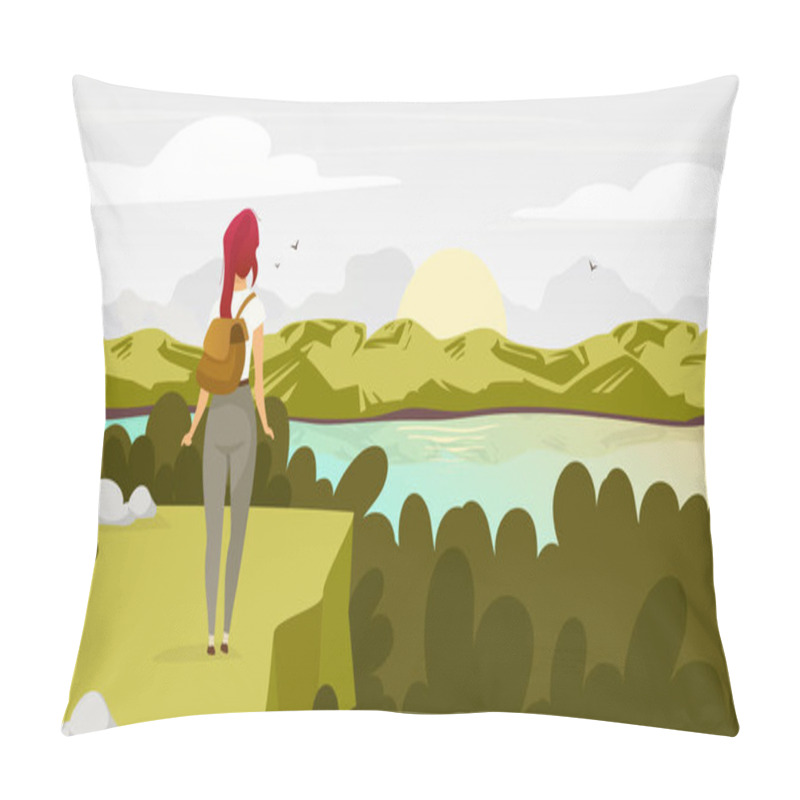 Personality  Sunrise In Forest Flat Vector Illustration. Backpacker Watching Sunrise. Woman On Mountain Peak. Sunset On Lake. Scenic Landscape. Trekking Destination. Female Tourist Cartoon Characters Pillow Covers