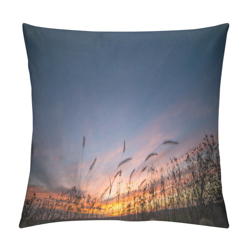 Personality  Dramatic Partially Cloudy Crimson Sunset Sky With Moon Crescent Over Fields Pillow Covers