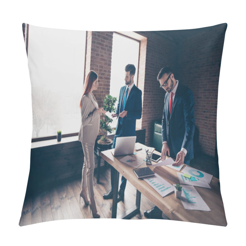 Personality  Close Up Photo Three People She Her Business Lady He Him His Guy Coacher Speak Tell Talk Over New Ideas Learn Study Diagramms Clever Stand Office Table Wearing Formal Wear Suit Pillow Covers