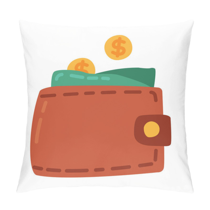 Personality  Brown Leather Wallet With Money Dollar Bills And Coins Cartoon Style Vector Illustration Pillow Covers