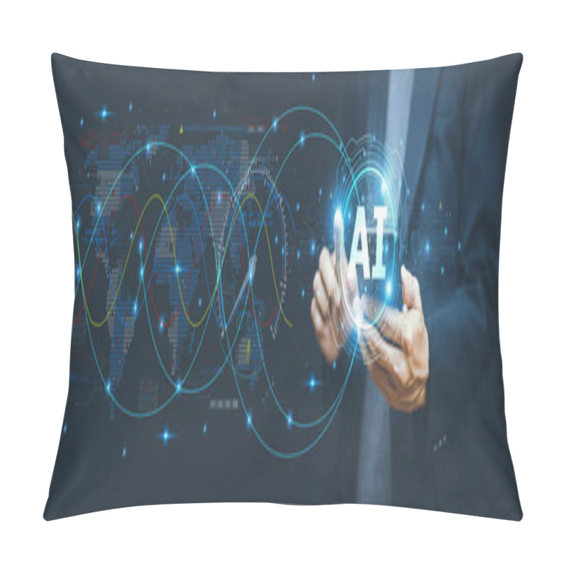 Personality  Businessman Using Ai Artificial Intelligence Management In Logistic System Support Human Work And Reduce Time To Work In Process.AI Assitant Planing To Import Export For Business. Pillow Covers