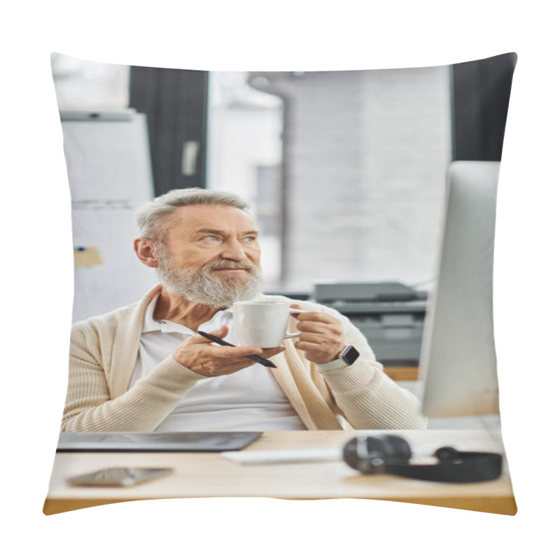 Personality  A Mature Handsome Man Thoughtfully Holds A Cup Of Coffee While Sitting At His Workspace. Pillow Covers