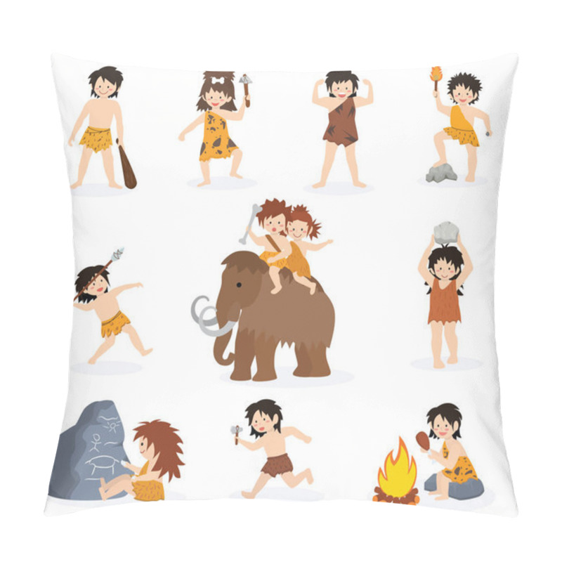 Personality  Caveman Kids Vector Primitive Children Character And Prehistoric Child With Stoned Weapon On Mammoth Illustration Set Of Ancient Boy Or Girl In Stone Age Isolated On White Background Pillow Covers