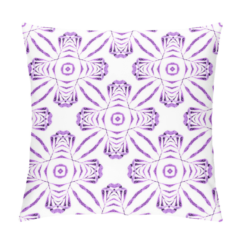 Personality  Textile Ready Neat Print, Swimwear Fabric, Wallpaper, Wrapping. Purple Likable Boho Chic Summer Design. Tiled Watercolor Background. Hand Painted Tiled Watercolor Border. Pillow Covers