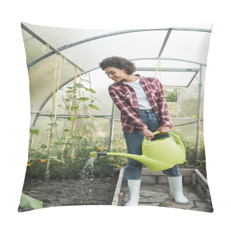 Personality  Full Length View Of African American Woman Watering Garden Beds In Greenhouse Pillow Covers