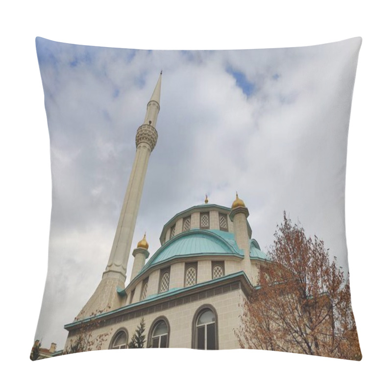 Personality  Turkiye, November 15, 2024, Majestic Mosque Under Stormy Skies: A Serene Symbol Of Faith And Resilience Standing Tall Against Dark Clouds, With Twin Minarets Reaching For The Heavens. Pillow Covers