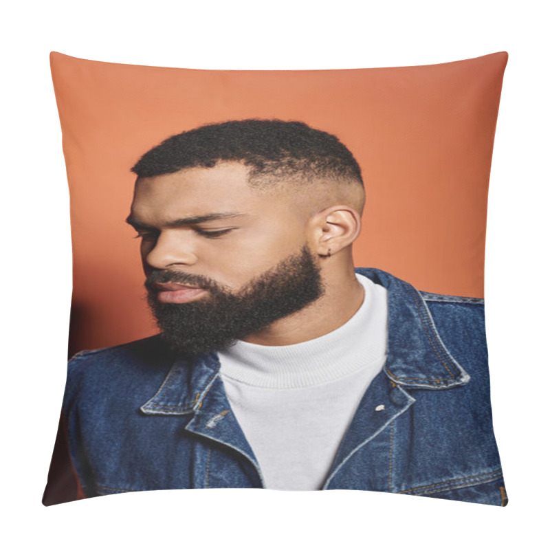 Personality  Stylish African American Man With Beard In Denim Jacket Striking A Confident Pose. Pillow Covers