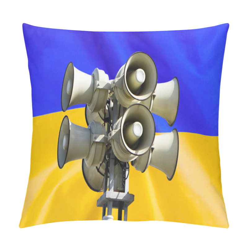 Personality  Street Alarm Loudspeaker On Ukraine Flag Background. Loudspeaker On The Street. The Siren Of Air Alarm Pillow Covers