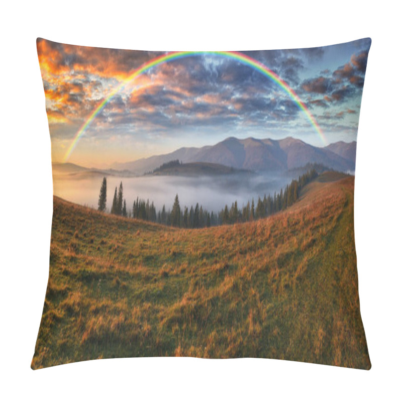 Personality  Rainbow Over The Mountains. Autumn Morning In The Carpathians Pillow Covers