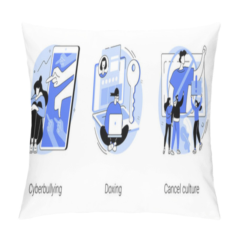 Personality  Internet Harassment Abstract Concept Vector Illustration Set. Cyberbullying And Doxing, Cancel Culture, Private Content, Celebrity Shaming, Hacker Attack, Social Media Boycott Abstract Metaphor. Pillow Covers