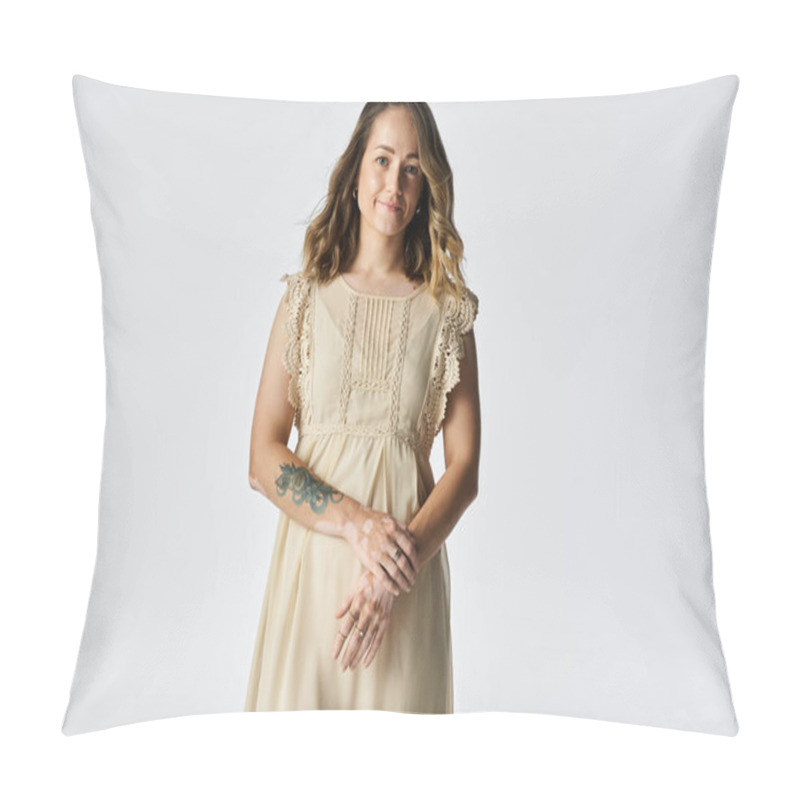 Personality  A Young Woman With Vitiligo Stands Confidently, Showcasing Her Unique Beauty And Style. Pillow Covers