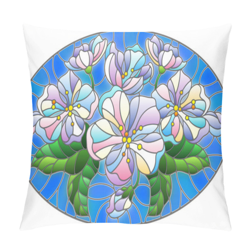 Personality  Illustration In Stained Glass Style With A Branch Of Cherry Blossoms, Flowers, Buds And Leaves On A Blue Background, Oval Image  Pillow Covers