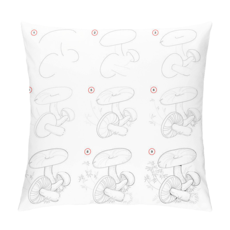 Personality  How To Draw From Nature Sketch Of Group Mushrooms. Creation Step By Step Pencil Drawing. Educational Page For Artists. School Textbook For Developing Artistic Skills. Hand-drawn Vector Image. Pillow Covers