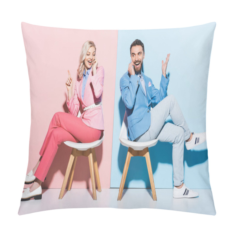 Personality  Smiling Woman And Handsome Man Talking On Smartphones On Pink And Blue Background  Pillow Covers