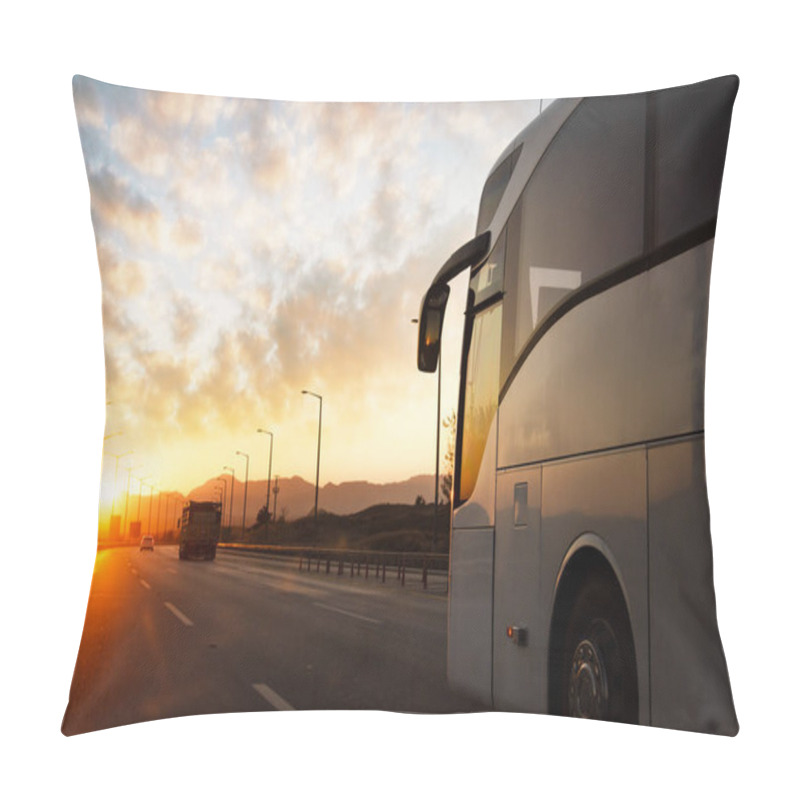 Personality  A Bus Is Traveling On The Asphalt Highway Roadrural Land Against The Sunset. Travel And Transport Concept. Pillow Covers