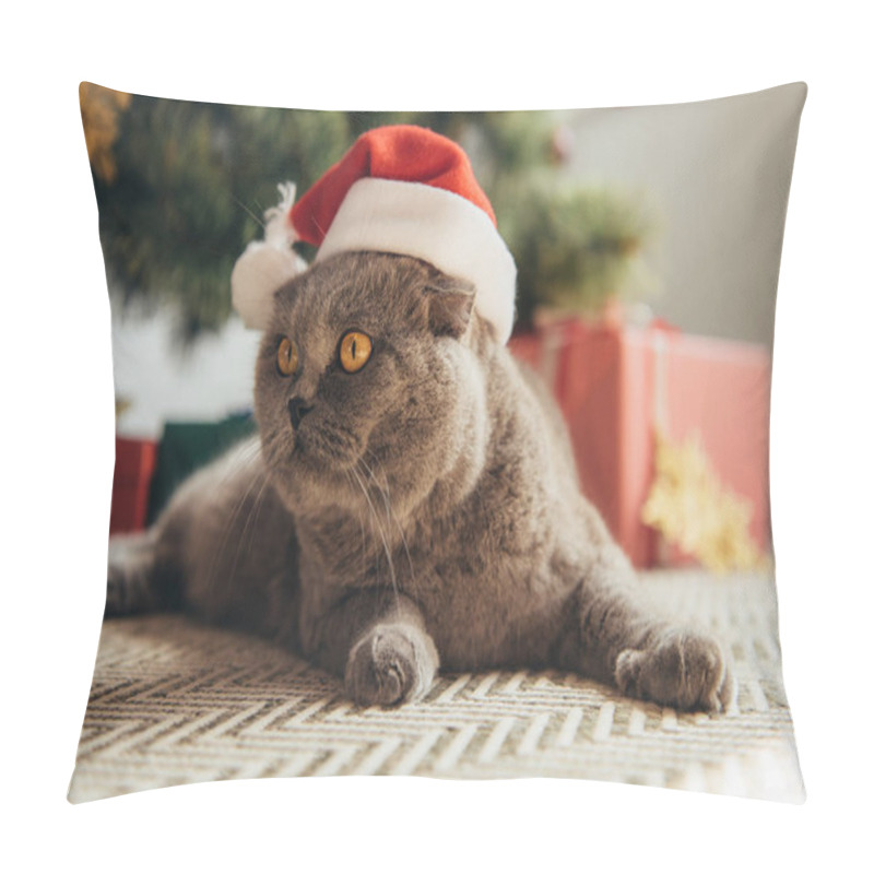 Personality  Cute Scottish Fold Cat In Santa Hat Lying Under Christmas Tree Pillow Covers