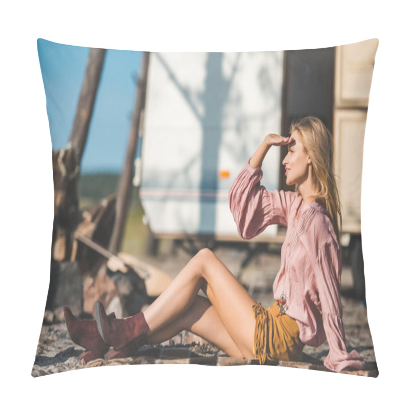 Personality  Beautiful Young Woman Looking Away And Sitting On Blanket Near Camper Van Pillow Covers