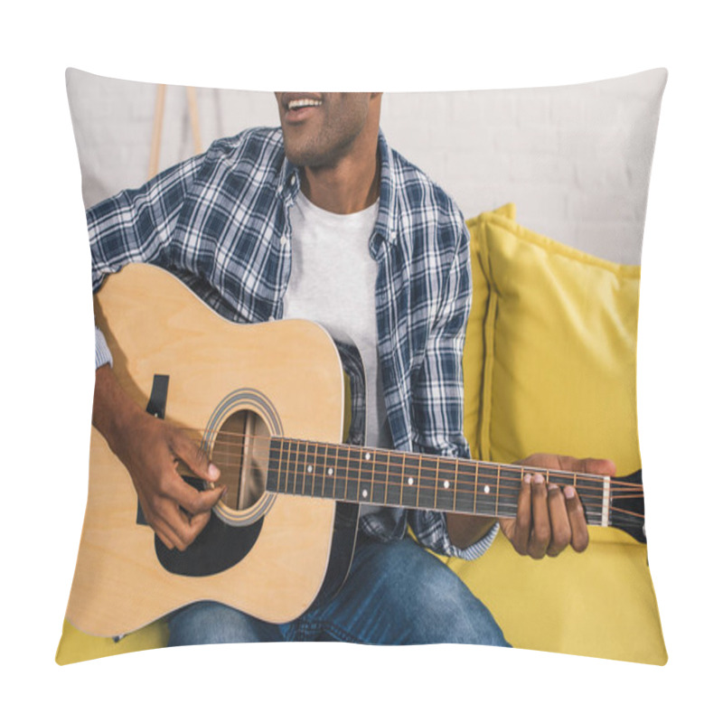 Personality  Cropped Shot Of Smiling African American Man Playing Acoustic Guitar At Home Pillow Covers