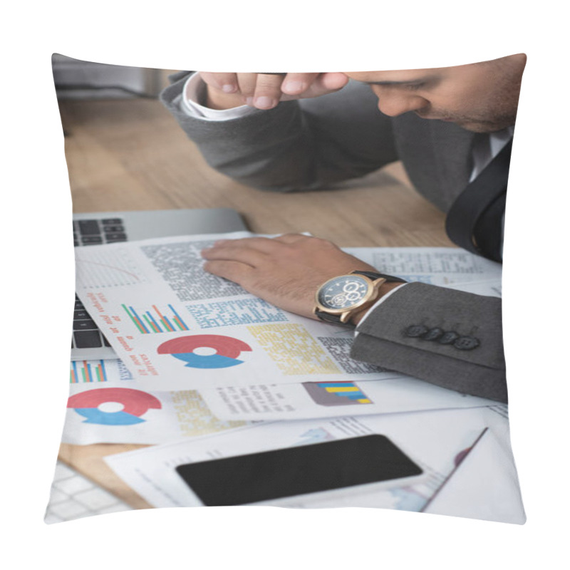 Personality  Trader Working With Infographics Near Laptop And Smartphone With Blank Screen, Blurred Foreground Pillow Covers