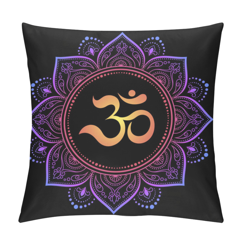 Personality  Color Circular Pattern In Form Of Mandala With Ancient Hindu Mantra OM And Lotus Flower For Henna, Mehndi, Decoration. Decorative Ornament In Oriental Style. Rainbow Design On Black Background. Pillow Covers