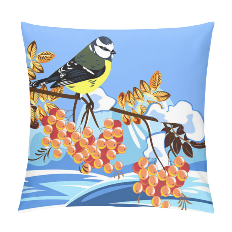 Personality  Tits Sitting On A Branch Against A Background Of A Winter Landscape Pillow Covers