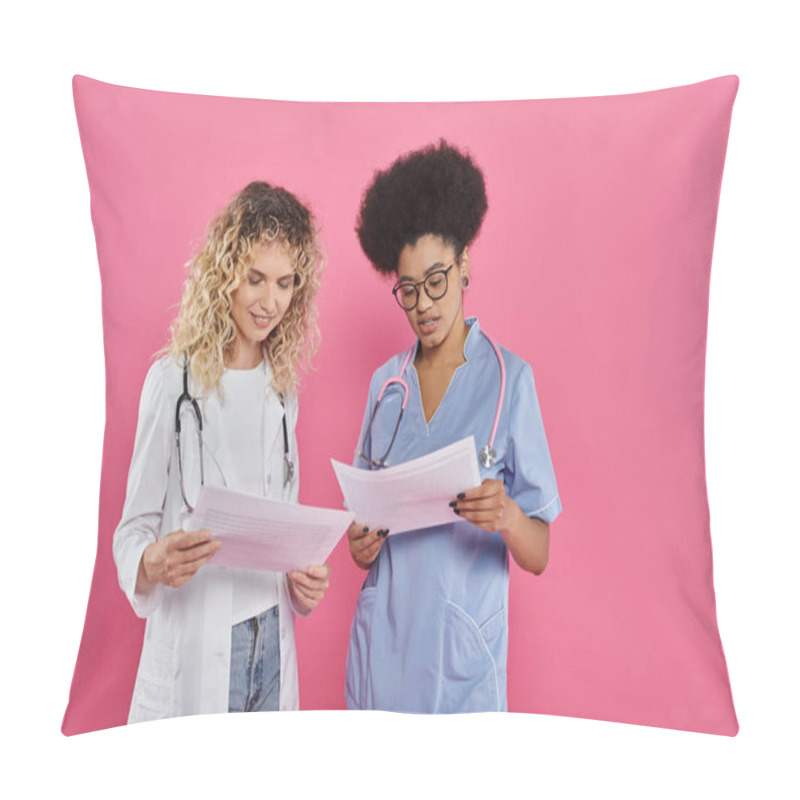 Personality  Happy Female Oncologists, Interracial Doctors On Pink Backdrop, Breast Cancer Awareness, Diagnosis Pillow Covers