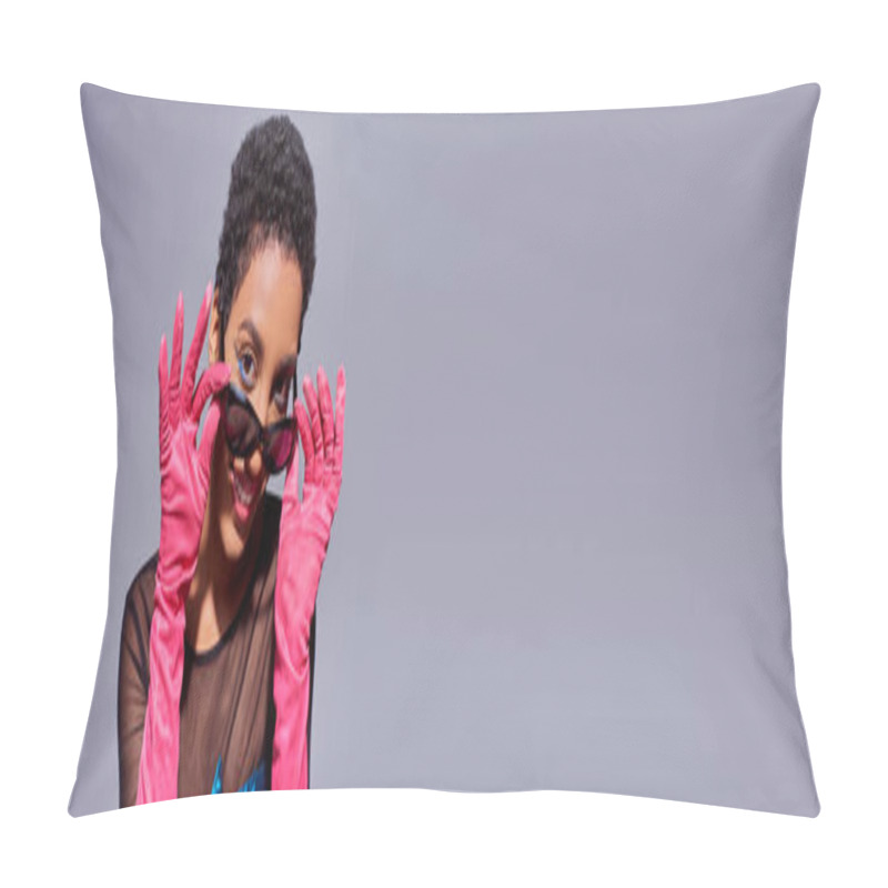 Personality  Cheerful African American Woman With Bold Makeup And Short Hair Posing In Sunglasses And Pink Gloves Isolated On Grey, Modern Generation Z Fashion Concept, Banner With Copy Space Pillow Covers