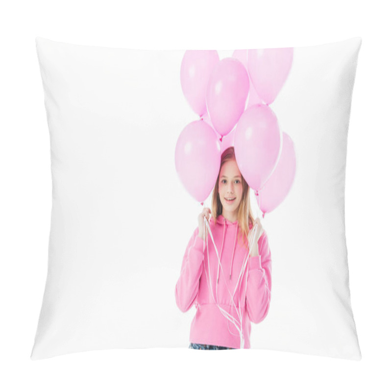 Personality  Happy Teenage Girl Holding Pink Balloons Isolated On White Pillow Covers