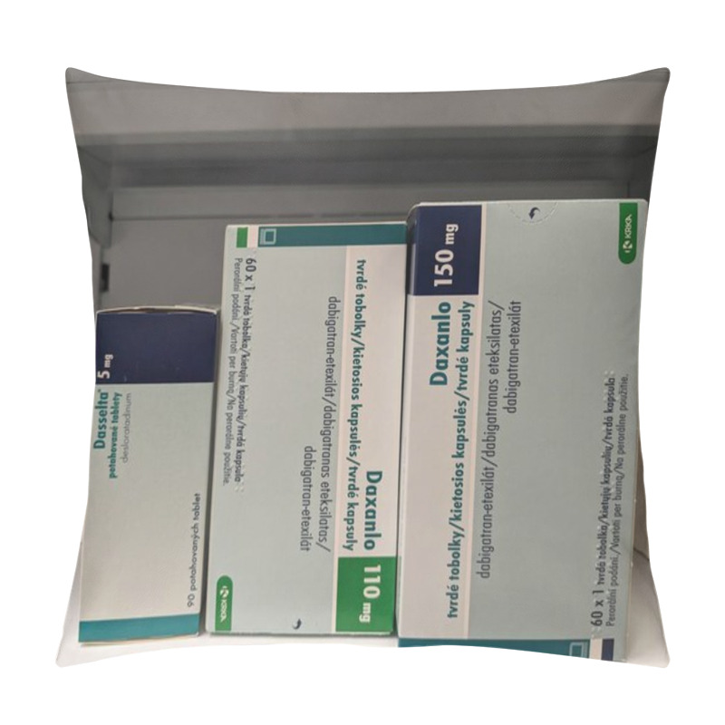 Personality  Prague,Czech Republic-October 9 2024: DAXANLO DABIGATRAN By KRKA, Containing DABIGATRAN, Is An Anticoagulant Used To Prevent Blood Clots And Reduce The Risk Of Stroke In Patients With Atrial Fibrillation. Pillow Covers