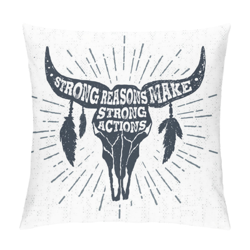 Personality  Hand Drawn Label With Buffalo Skull Vector Illustration And Lettering. Pillow Covers