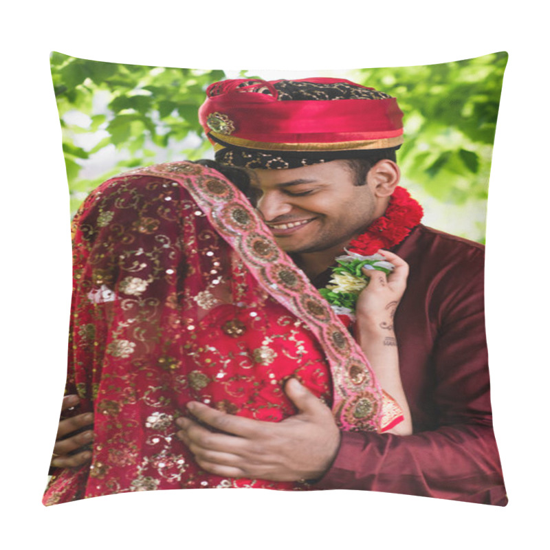 Personality  Indian Bride In Headscarf Wearing Floral Garland On Happy Bridegroom  Pillow Covers