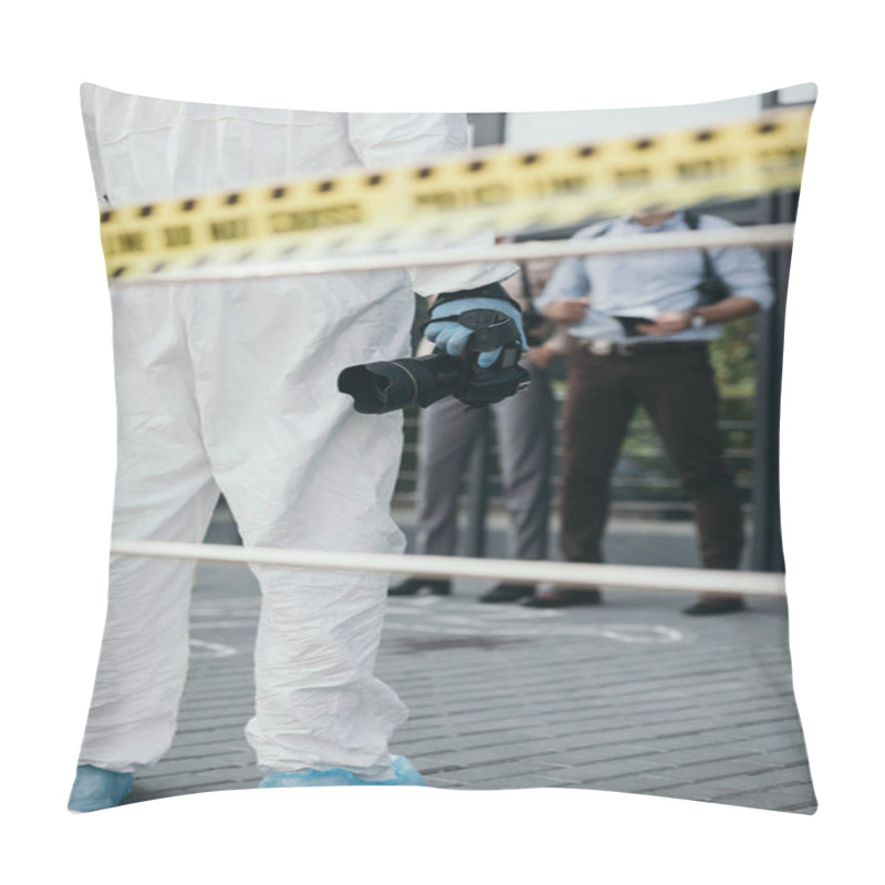 Personality  Cropped View Of Criminologist In Protective Suit And Latex Gloves With Camera At Crime Scene Pillow Covers