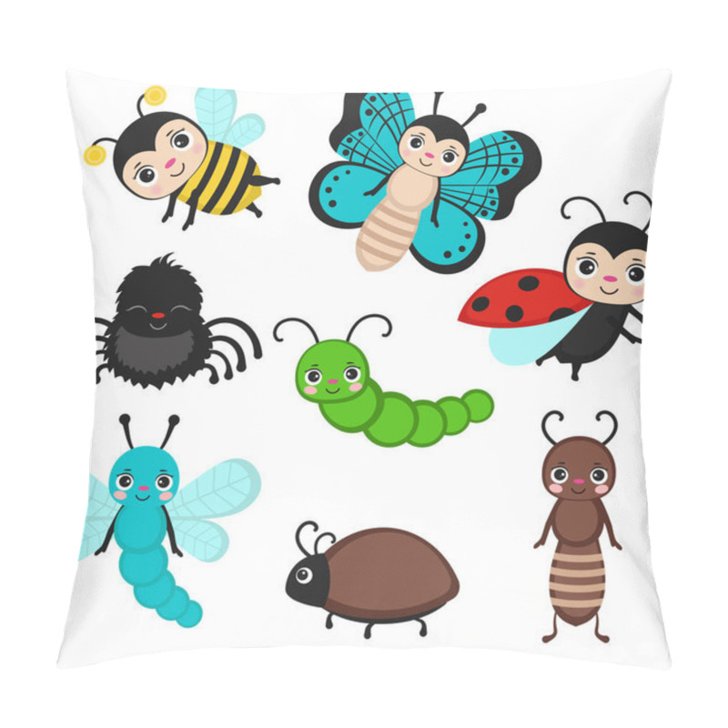 Personality  Set Of Cute Cartoon Insects Isolated On White. Fly Bug, Cute Butterfly And Beetle. Funny Garden Animals. Vector Illustration. Pillow Covers