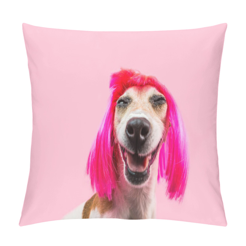 Personality  Happy Adorable Smiling Dog In Pink Wig Pillow Covers