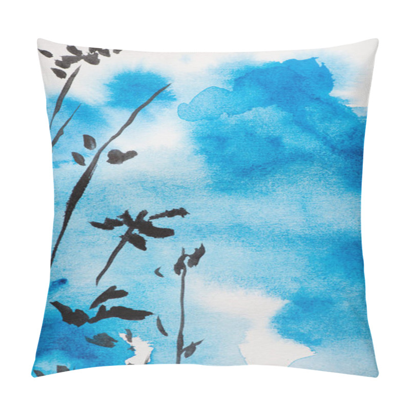 Personality  Japanese Painting With Blue Sky And Branches On White Pillow Covers