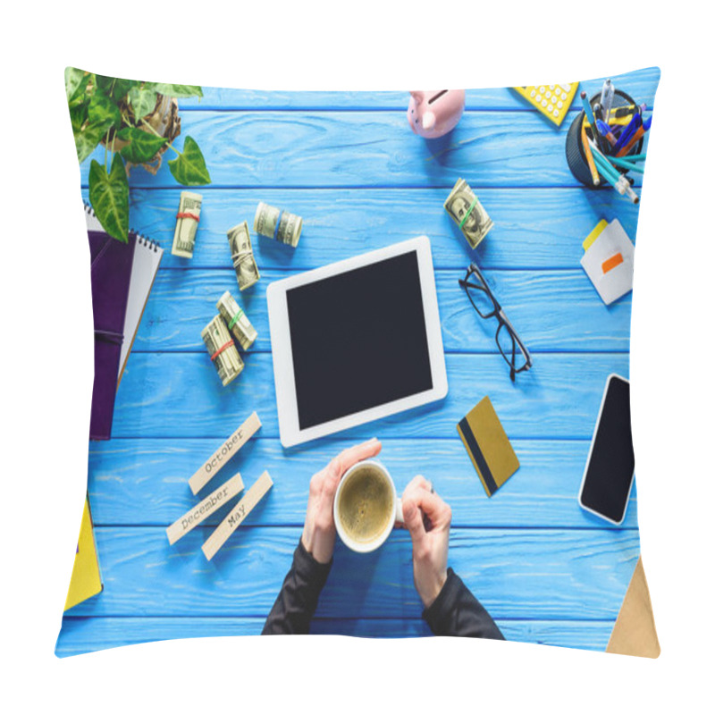 Personality  Hands Holding Coffee Cup On Blue Wooden Table By Money And Digital Tablet Pillow Covers